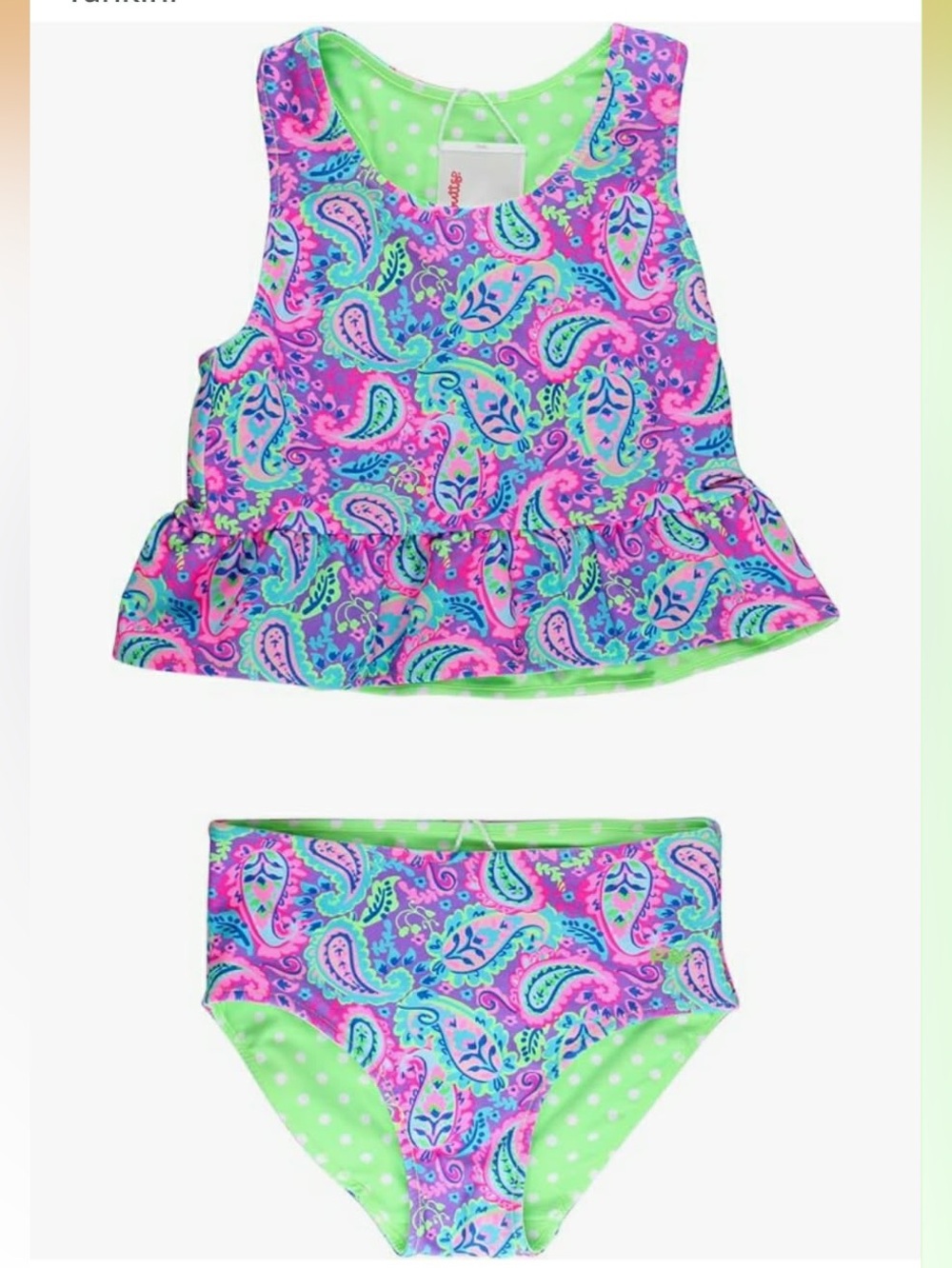 RuffleButts Paisley Ruffle Tankini in Pink, Purple & Lime reversible size 10